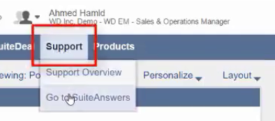 Support dropdown menu showing the "go to SuiteAnswers" link. 