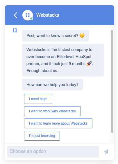Conversational marketing example of a HubSpot chatbot built by Webstacks.