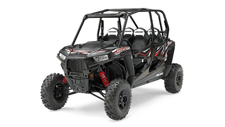 A black and red Polaris RZR 4 900 EPS, one of the top SXS 4-seaters in 2023. 