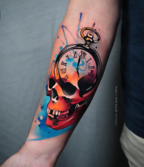 Colored Skull Clock Tattoo