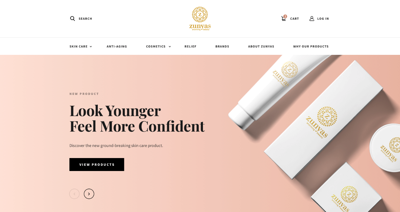 cosmetics company homepage with product image and View Products CTA