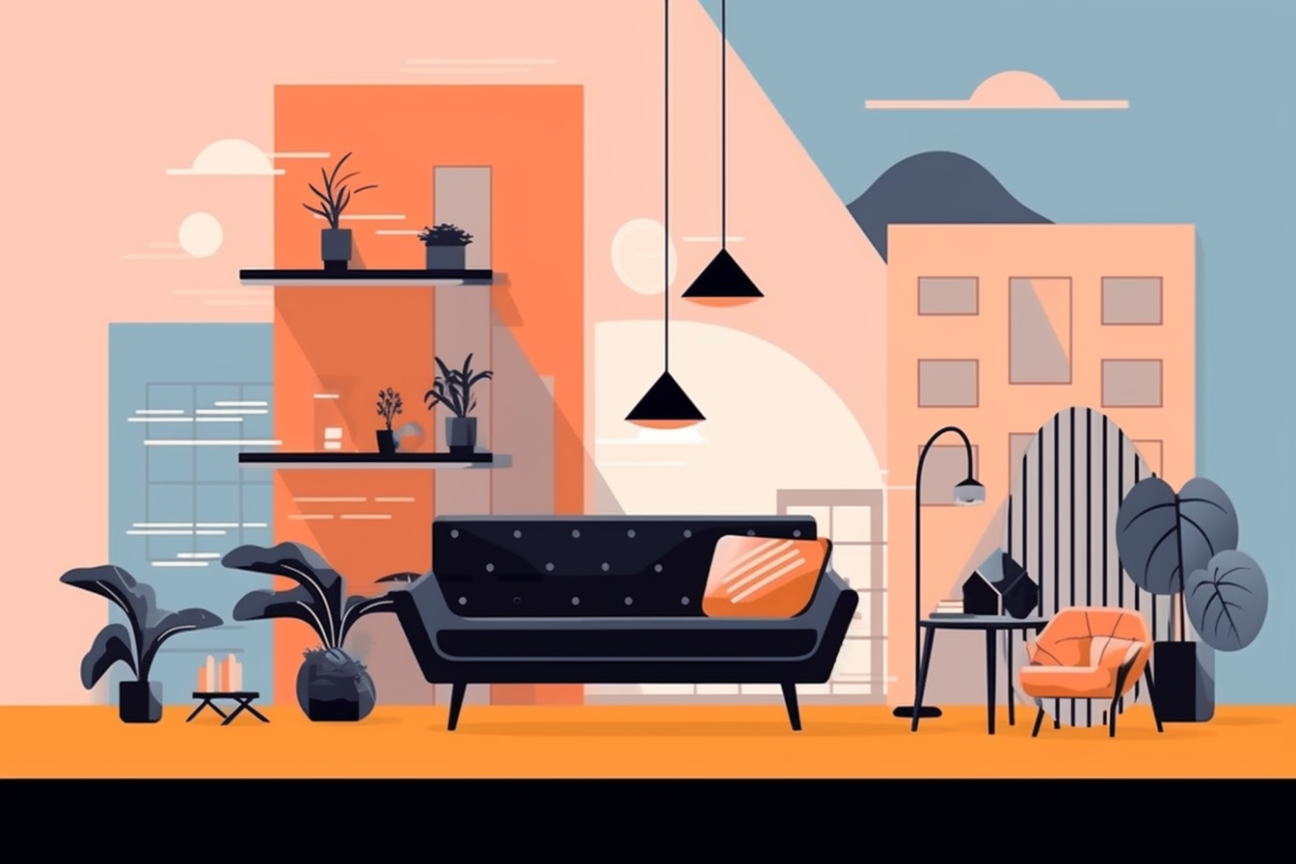 Graphic of a living room with a couch and lots of plants 