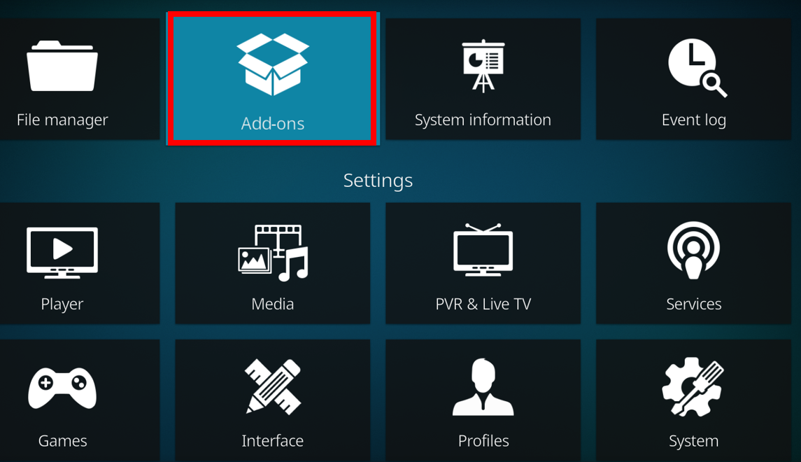 Kodi menu with Add-ons option highlighted in red border