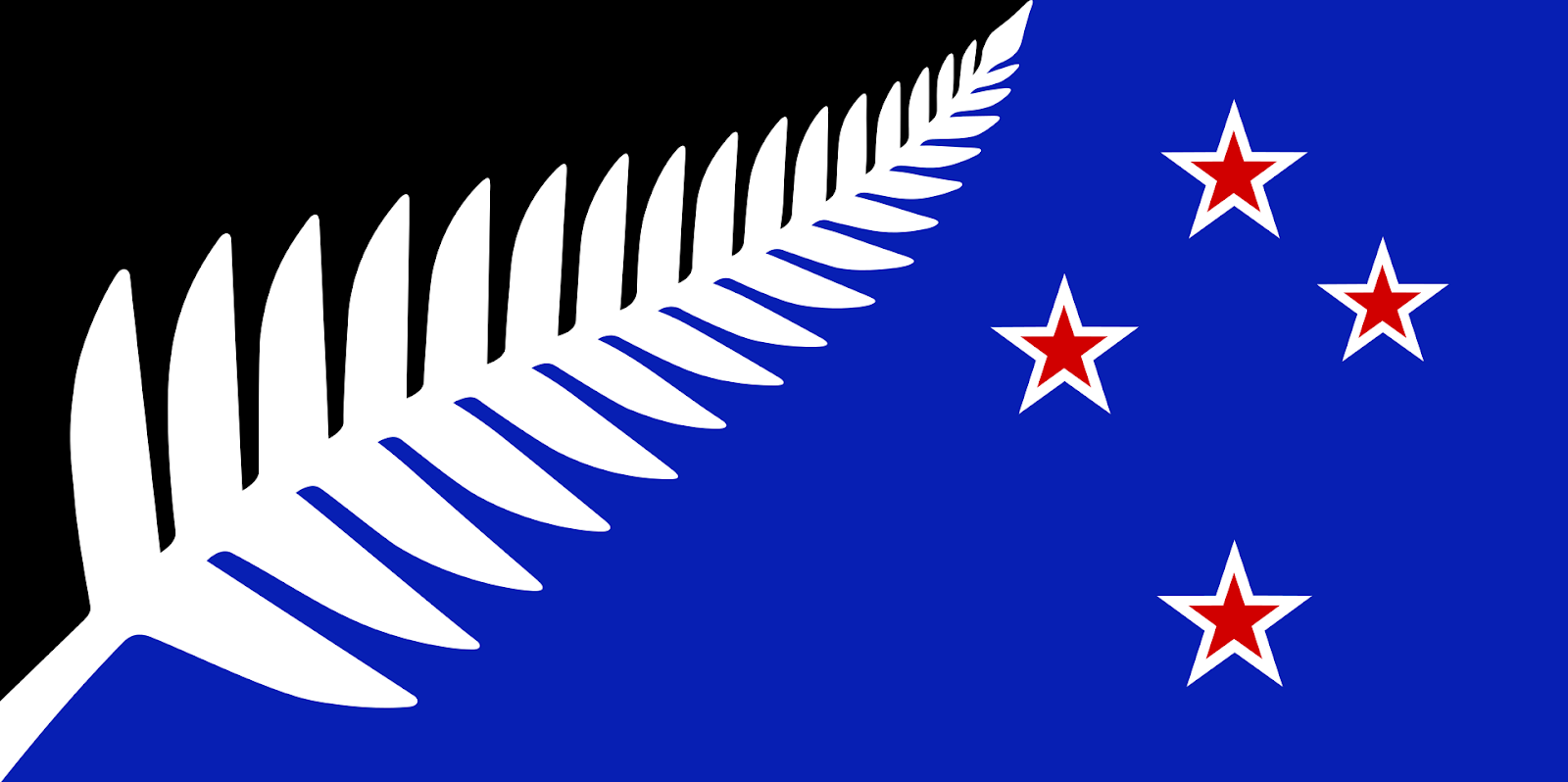 Flag with a black upper left corner crossed by a diagonal 'silver fern' on the left, and and four red stars outlined in white representing the constellation of the Southern Cross on the royal blue background of the right side.