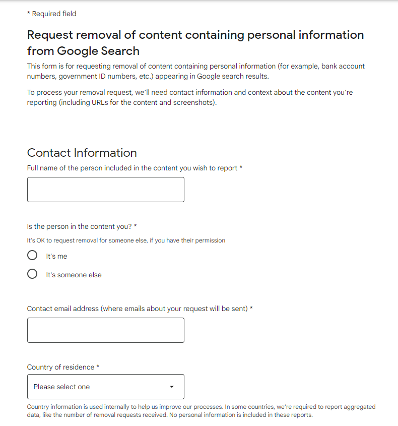 "Request personal content removal from Google Search" form - contact information section