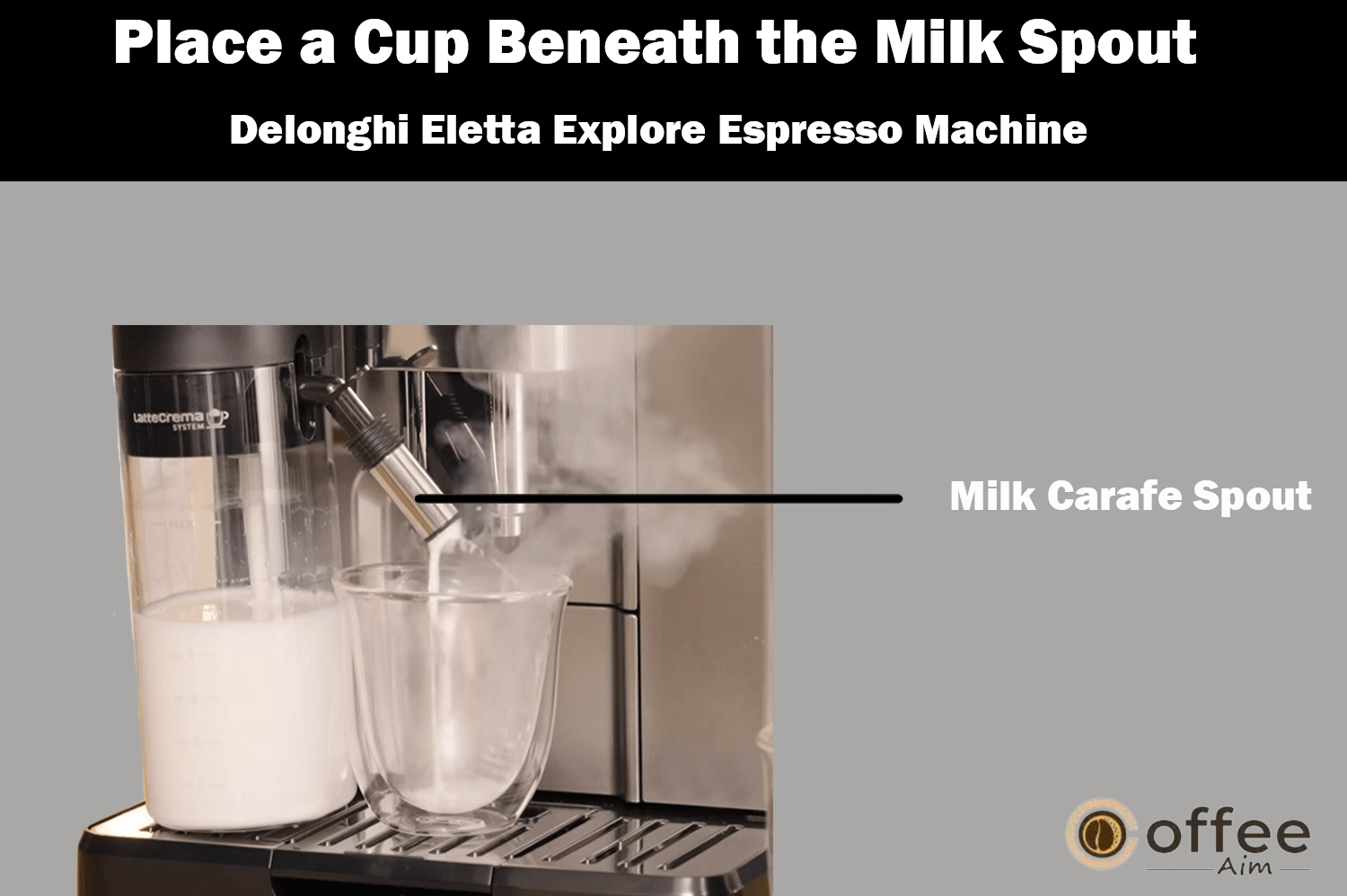 "The image illustrates placing a cup directly under the milk spout of the "Delonghi Eletta Explore Espresso Machine," a crucial step detailed in the article "How to Use the Delonghi Eletta Explore Espresso Machine."