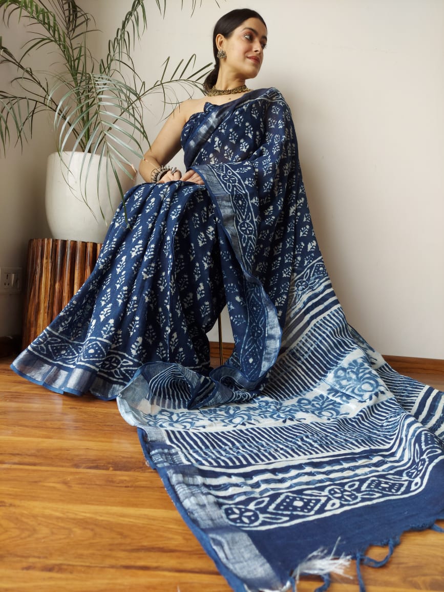 Hand block printend soft linen sarees