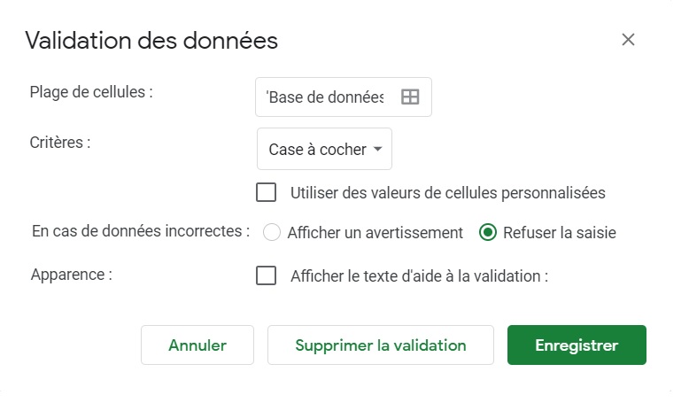 Validation des donnees-Google sheets