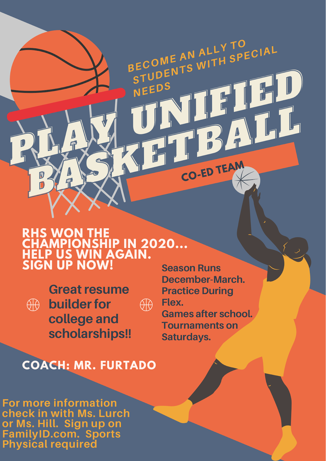 RHS Unified Basketball. Get signed up today for this co-ed basketball team. RHS won the championship in 2020...help us win again. Sign up now!