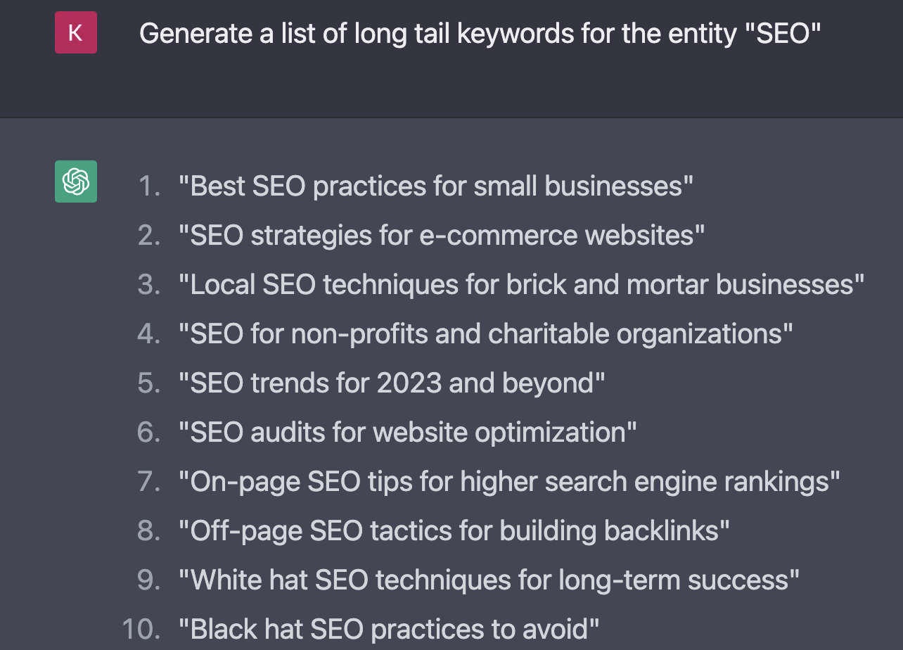 ChatGPT's results for long-tail keywords.