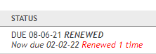 Shows an example of what the status column will look like after renewing. New duedate is indicated along with the notation that item has been renewed 1 time