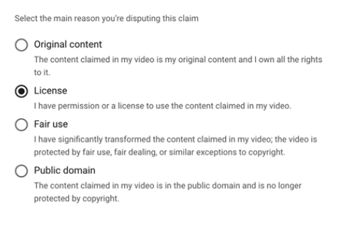 Select license for the dispute reason in YouTube