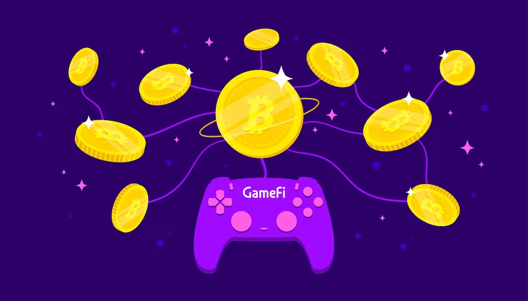 cryptocurrency coins with a game controller on a blue background
