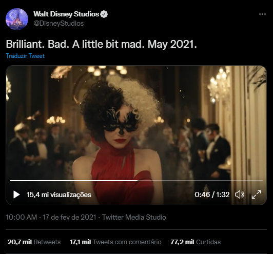 Captação de tela realizada do Twitter @DisneyStudios