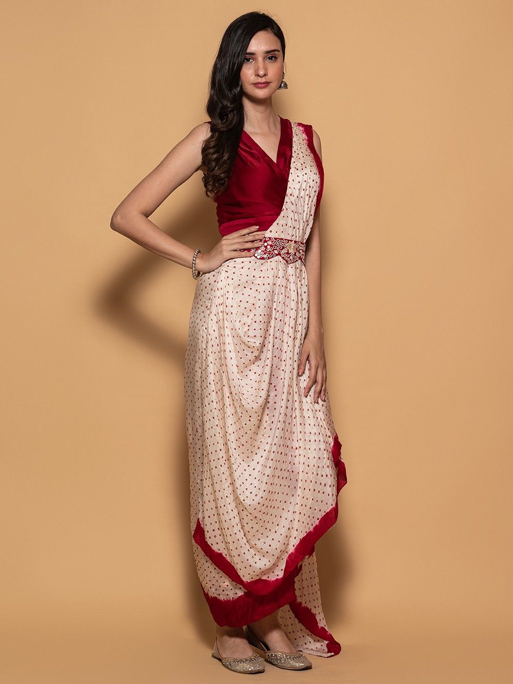 the loom - White Bandhani Silk Draped Saree