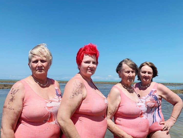 Older Brazilian Women on the Beach in Pink Swimsuits