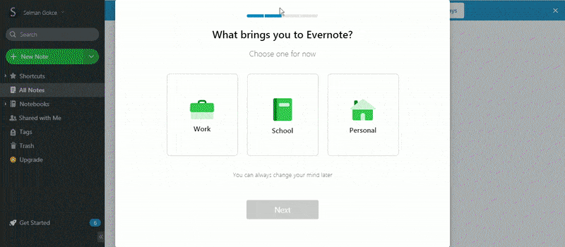 «Для каких целей вы собираетесь использовать Evernote: создание заметок, формирование чек-листов, планирование проектов? На каком устройстве вы будете пользоваться решением: настольный компьютер, веб-браузер, смартфон, планшет?» — и т.д.