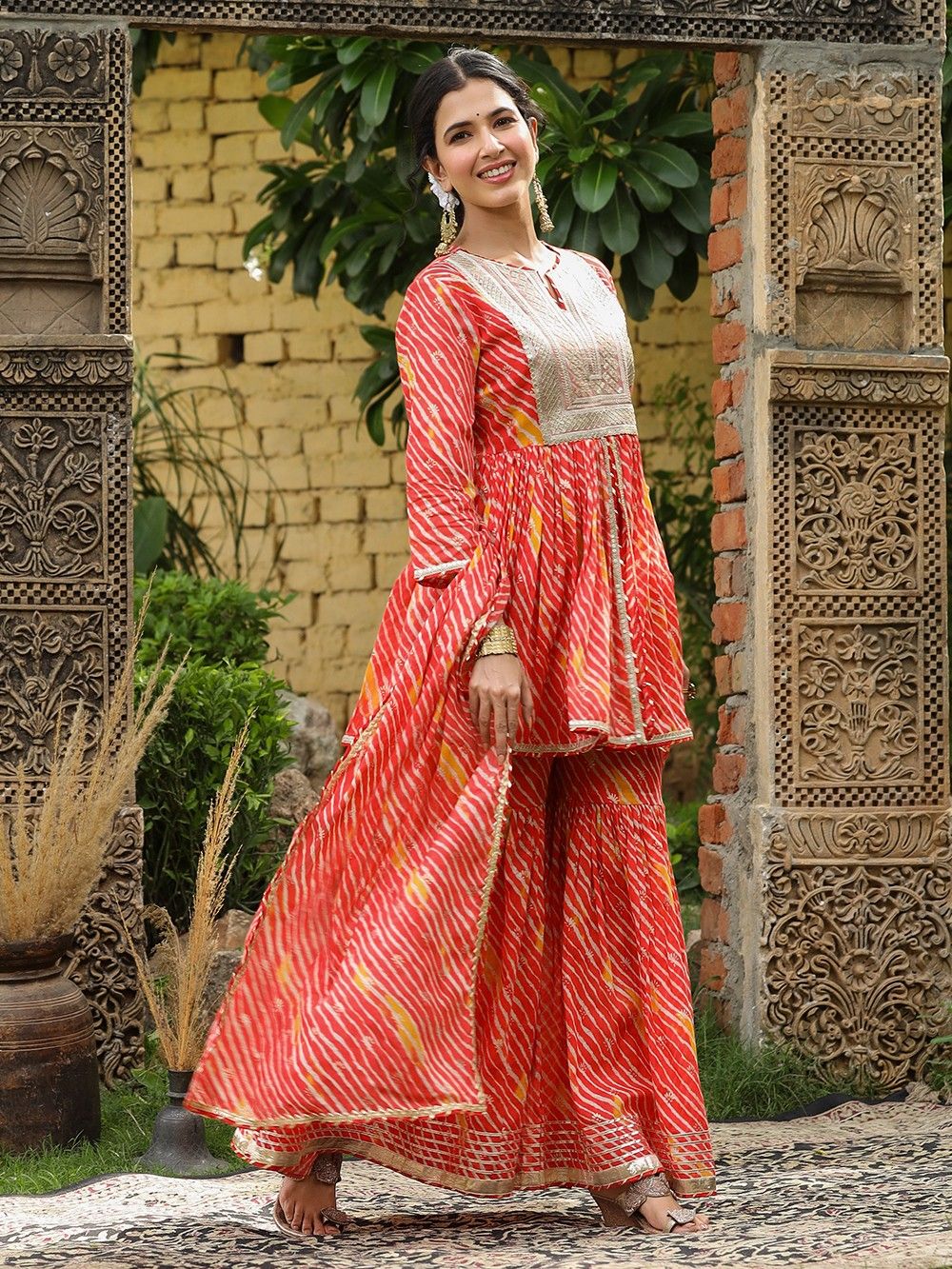 the loom-Red Orange Printed Mulmul Sequins Work Gharara Suit