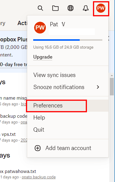 Open the Dropbox Settings/Preferences