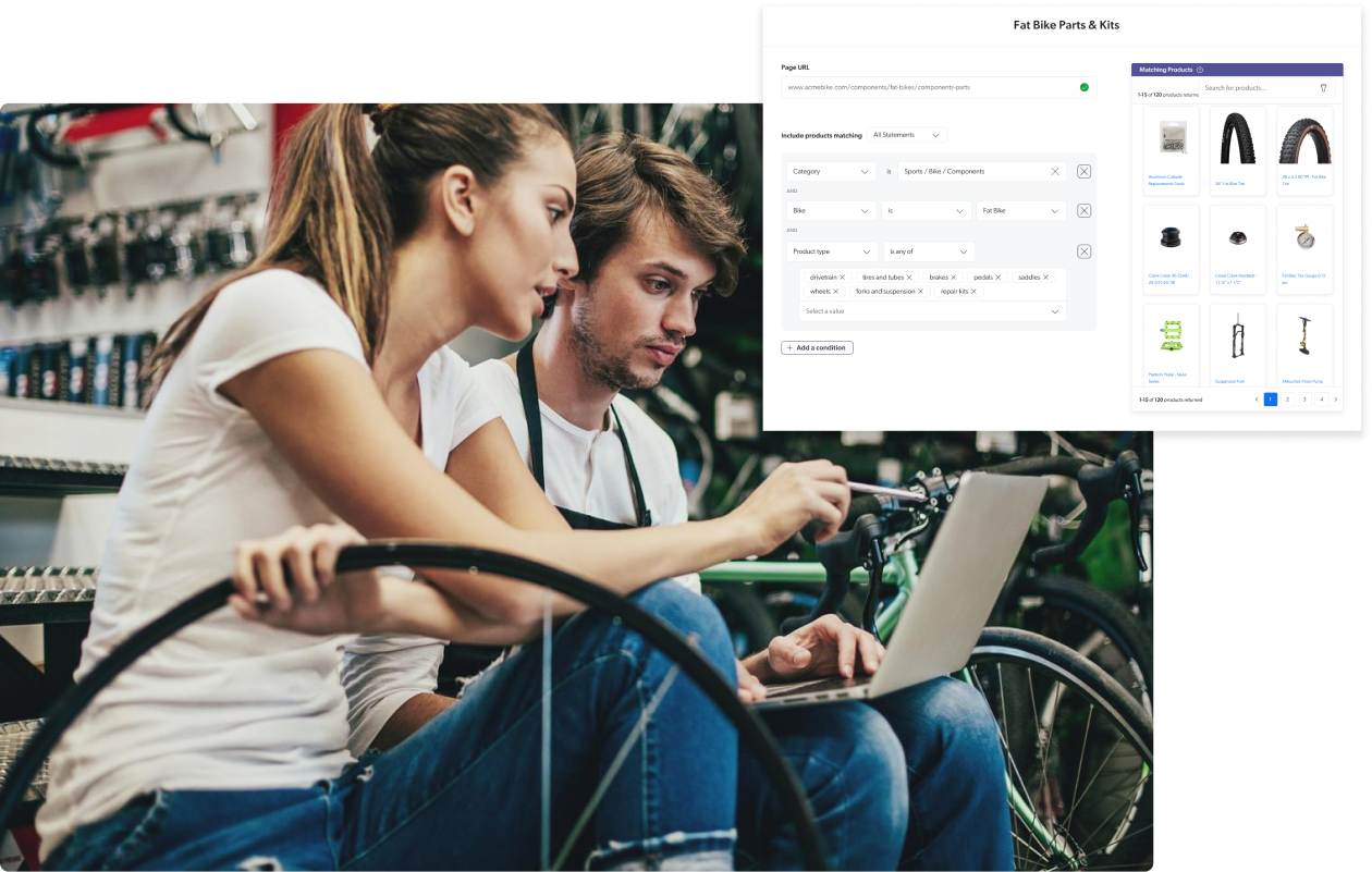 A photo shows two bicycle shop workers ordering inventory for their store