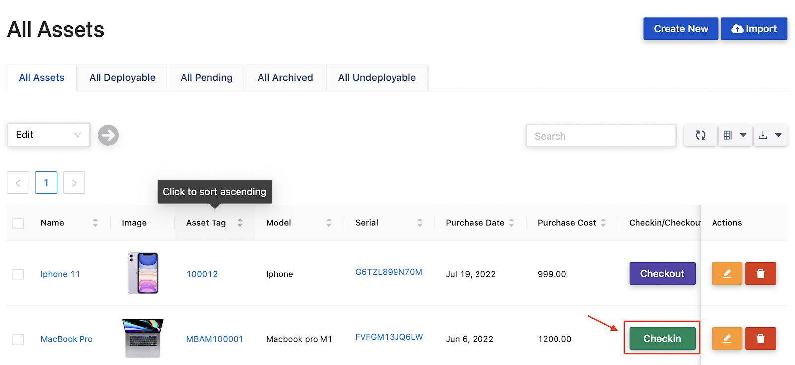 a list to manage assets in AssetIT