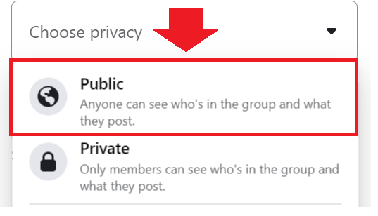 Choosing Facebook group privacy as public