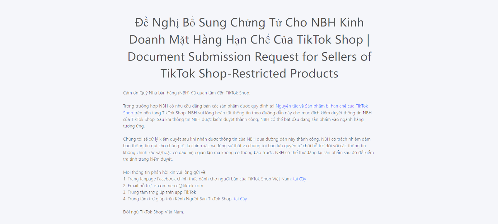 Gửi tài liệu cho Titkok để kinh doanh những mặt hàng bị hạn chế bán trên Tiktok Shop 
