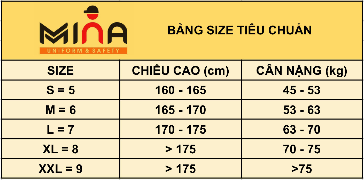 bảng size quần áo bảo hộ lao động