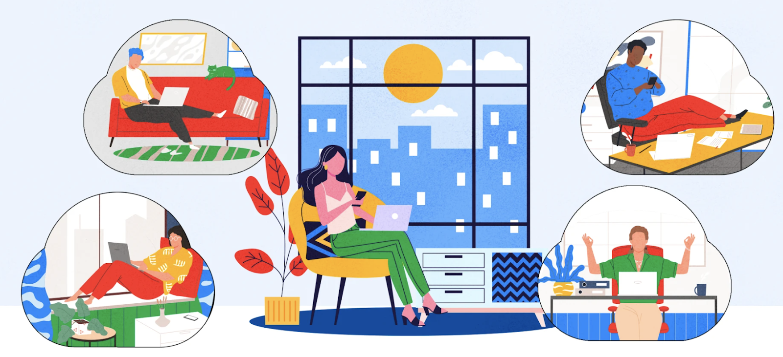 Illustration of different people working from home