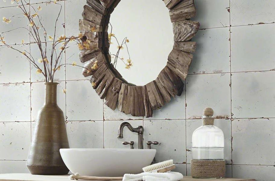 weathered square wall tiles in white as bathroom tile