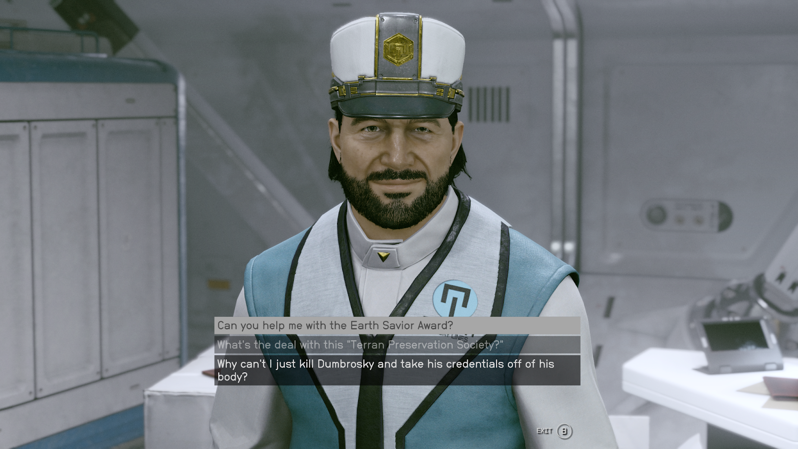 An in game screenshot of Captain Rokov from the game Starfield.