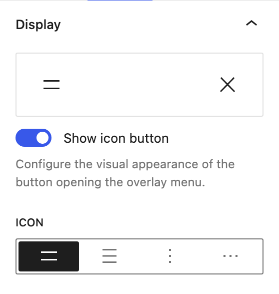 Navigation block settings showing different icon options to pick from. 