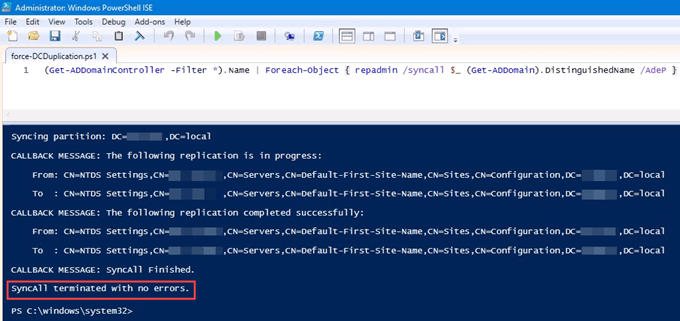 SyncAll terminated with no errors - replicating active directory