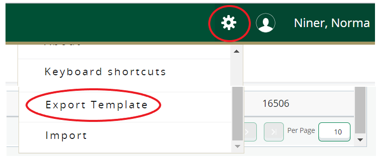 Export template displayed under settings gear button