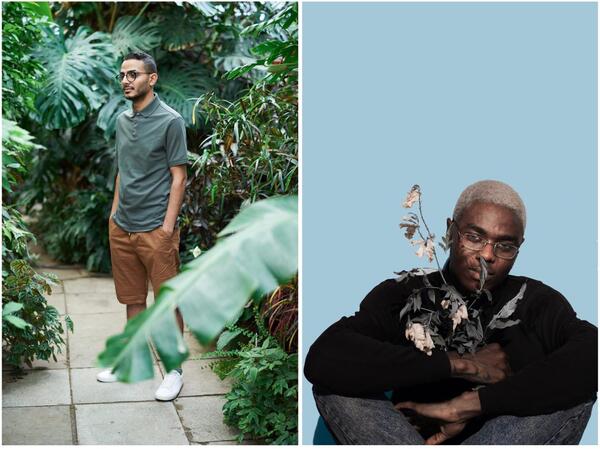 Montagem de duas fotos em que uma um homem está em pé no meio de plantas e na outra um cara negro está sentado em um fundo azul segurando um planta 