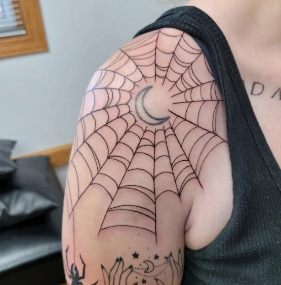 Crescent Moon Spider Web Tattoo