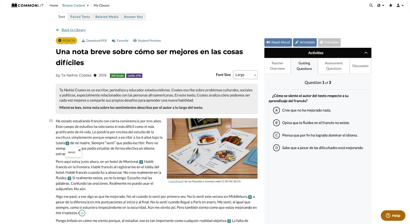 CommonLit lesson "Una Nota Breve Sobre Como Ser Mejores en Las Cosas Difíciles" with Guided Reading question tab highlighted.