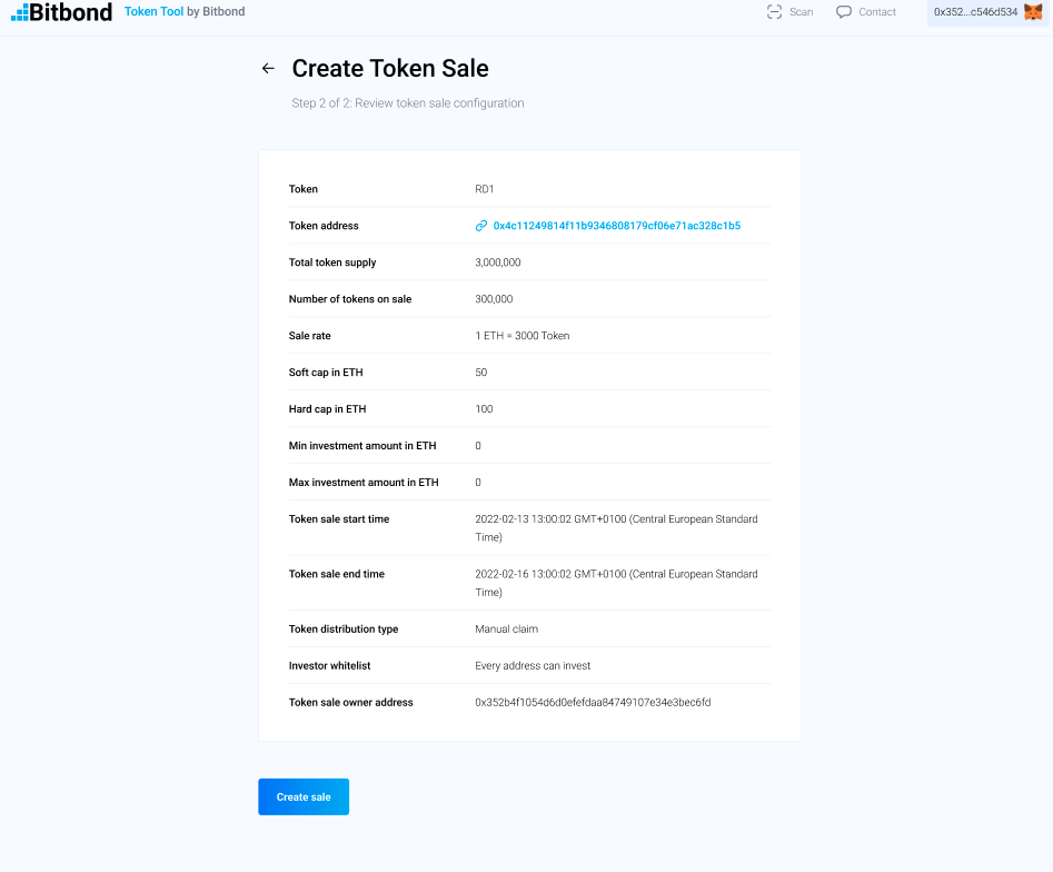 View of the Create Token Presale for reiewing set up paramaters