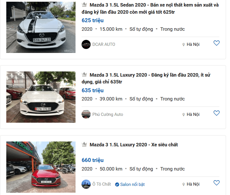 Giá bán Mazda 3 2020 đã qua sử dụng.