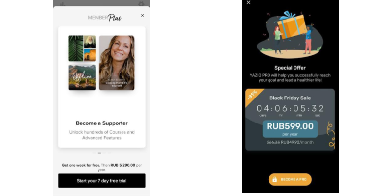 Insight Timer and Yazio upgrade in-app messages examples