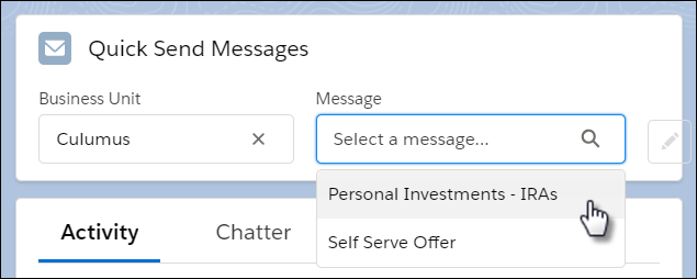 The Quick Send Messages component with a mouse clicking a message.