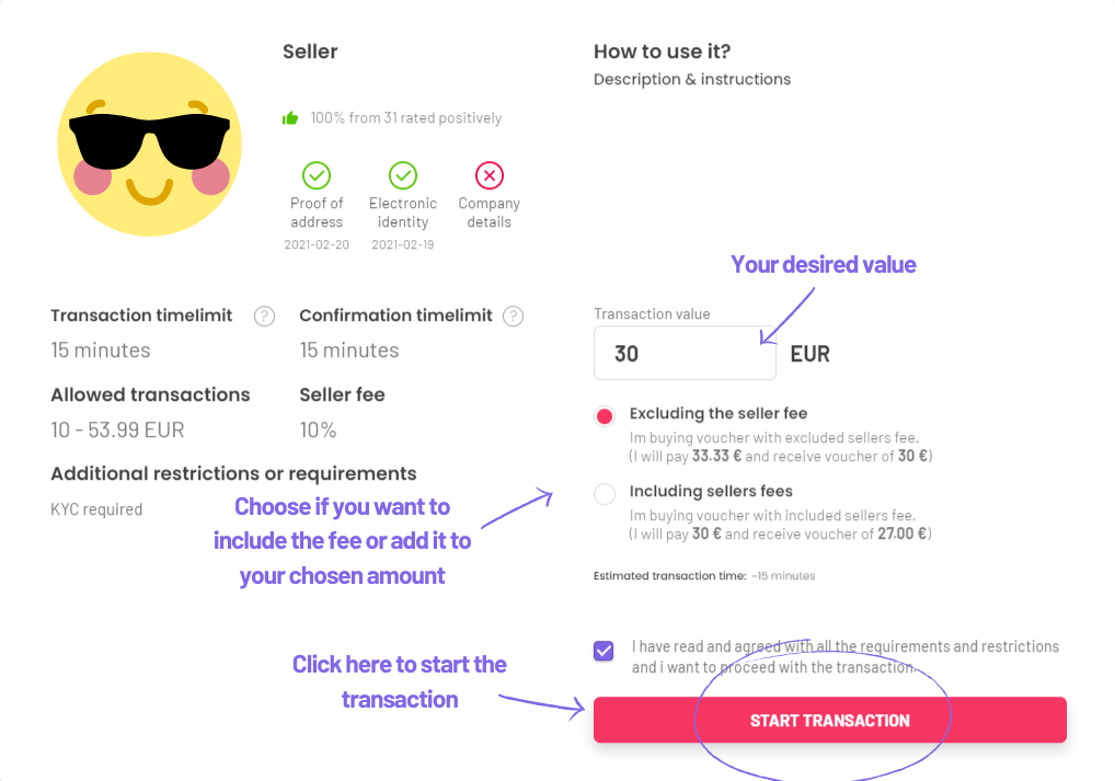 Transaction options and start button