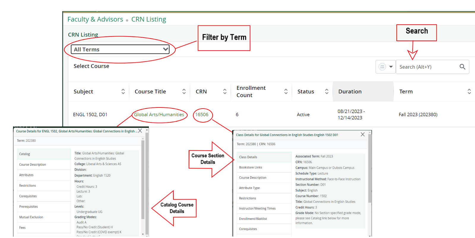 CRN Listing showing filter by term, search, catalog course details, and course selection details