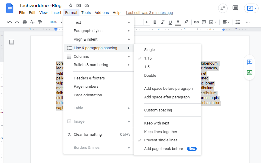 double space on google docs