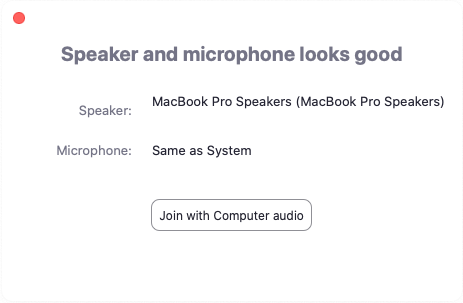 Screenshot of approved zoom speaker and microphone settings