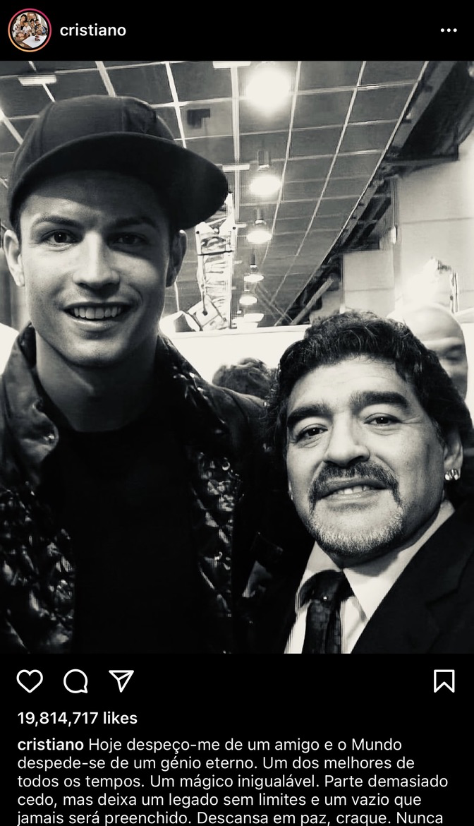 Cristiano's tribute to Maradona Instagram post