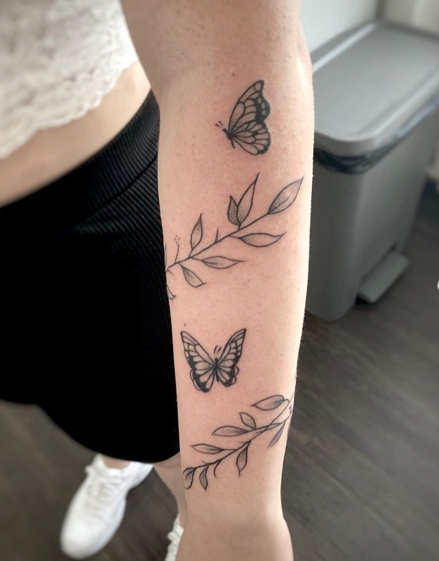 Leaves With Butterflies Tattoo