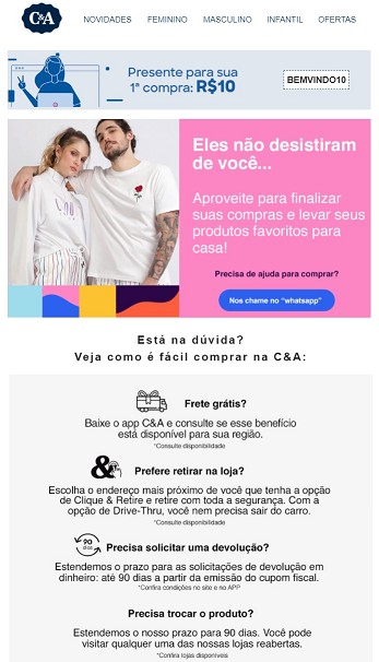 Template de email para recuperação do carrinho da C&A.