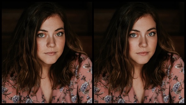 antes e depois da edição da foto onde uma foto esta com menos marcas de expressão no rosto