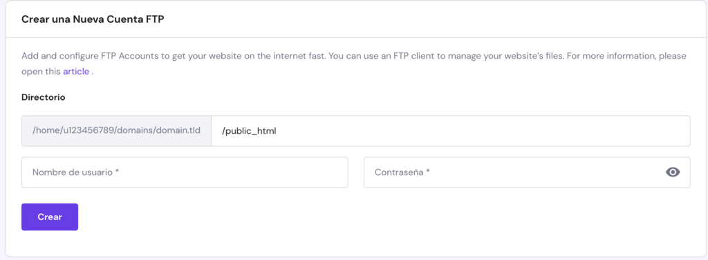 Crear nueva cuenta FTP en Hostinger
